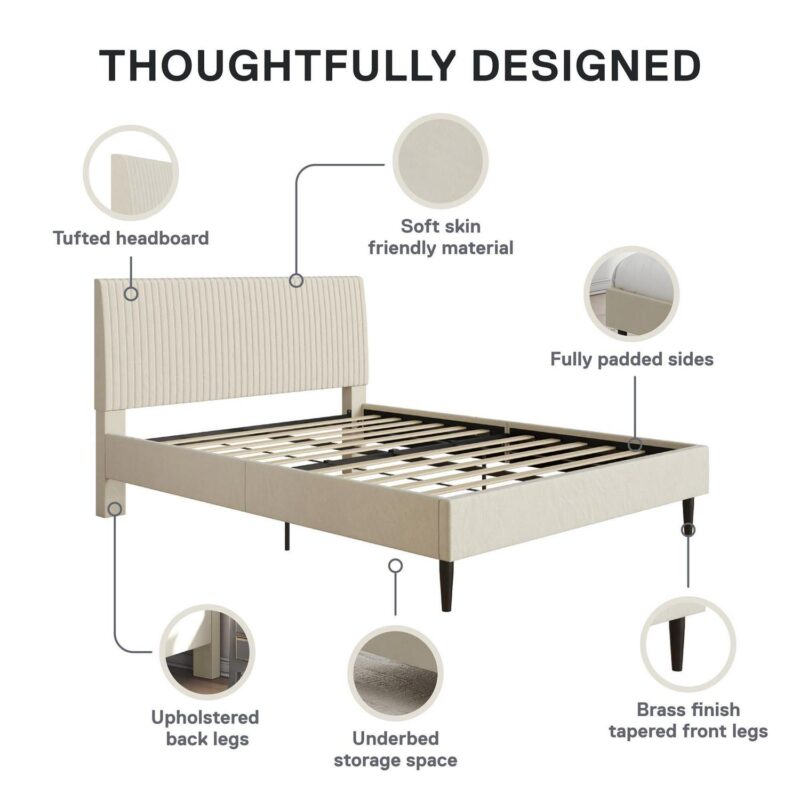 Mainstays Vera Upholstered Platform Bed, Queen, Cream Velvet - Image 7