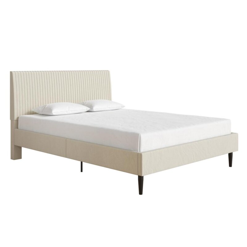 Mainstays Vera Upholstered Platform Bed, Queen, Cream Velvet - Image 2