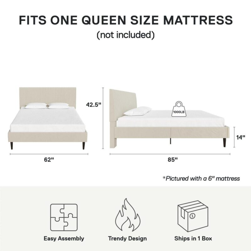 Mainstays Vera Upholstered Platform Bed, Queen, Cream Velvet - Image 5