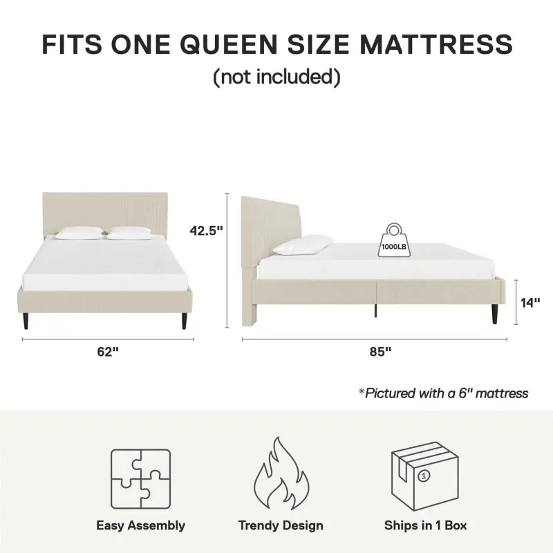 Mainstays Vera Upholstered Platform Bed, Queen, Cream Velvet - Image 5