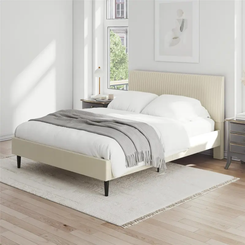 Mainstays Vera Upholstered Platform Bed, Queen, Cream Velvet - Image 3
