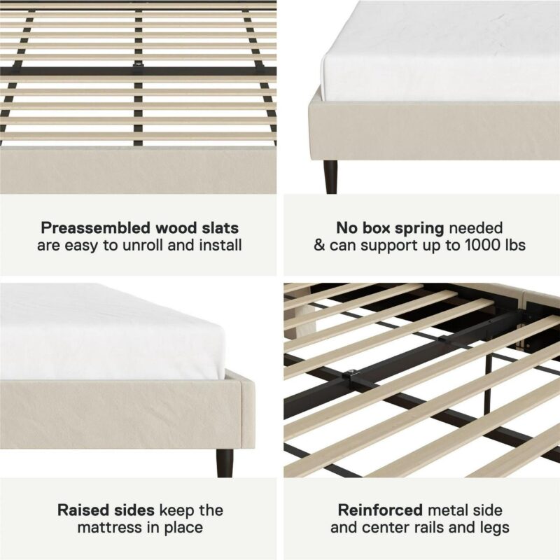 Mainstays Vera Upholstered Platform Bed, Queen, Cream Velvet - Image 6