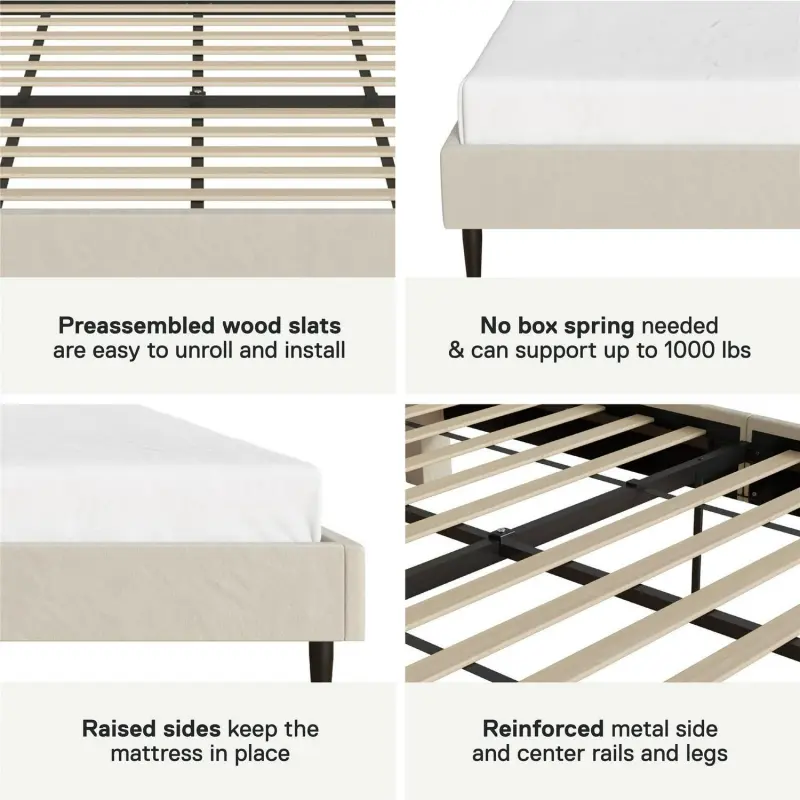 Mainstays Vera Upholstered Platform Bed, Queen, Cream Velvet - Image 6