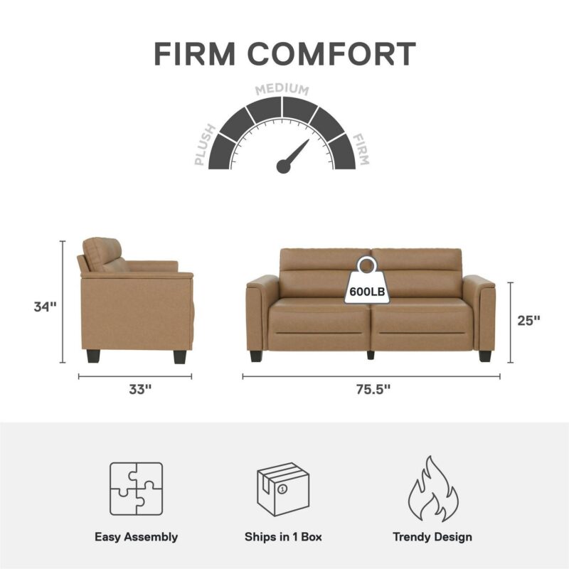 Mainstays Williamson 75.5  Sofa, Brown Faux Leather - Image 4