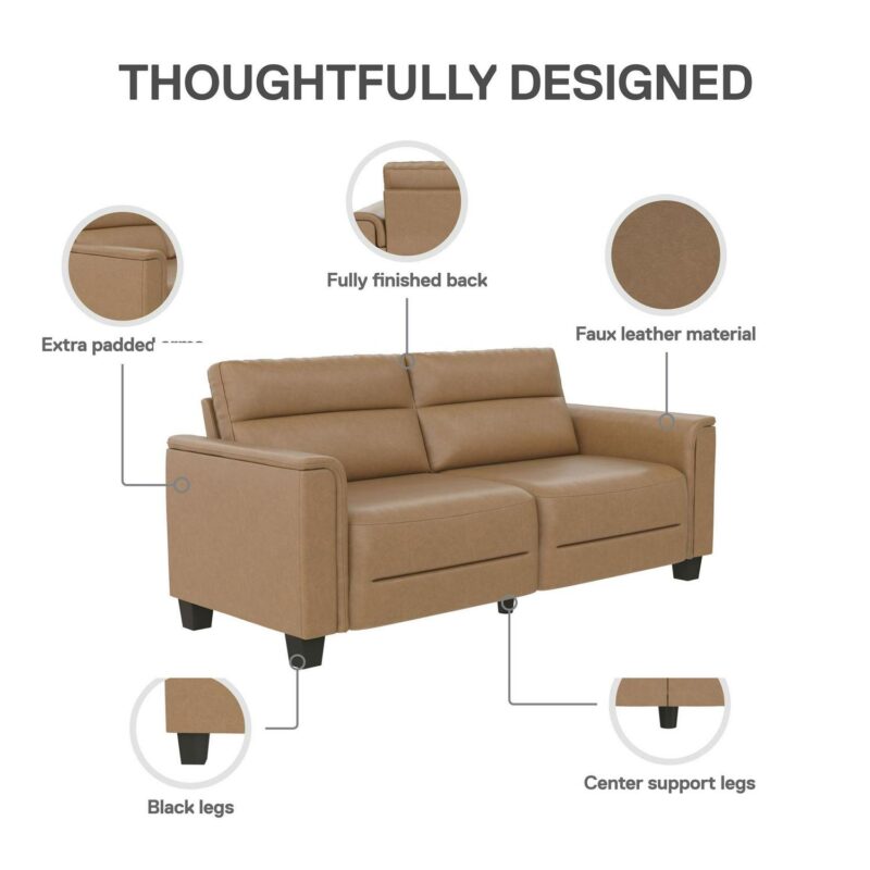 Mainstays Williamson 75.5  Sofa, Brown Faux Leather - Image 3