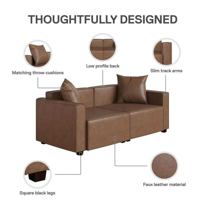 Mainstays Wynnewood 75  Low Profile Sofa with 2 Throw Cushions, Cocoa Faux Leather - Image 7