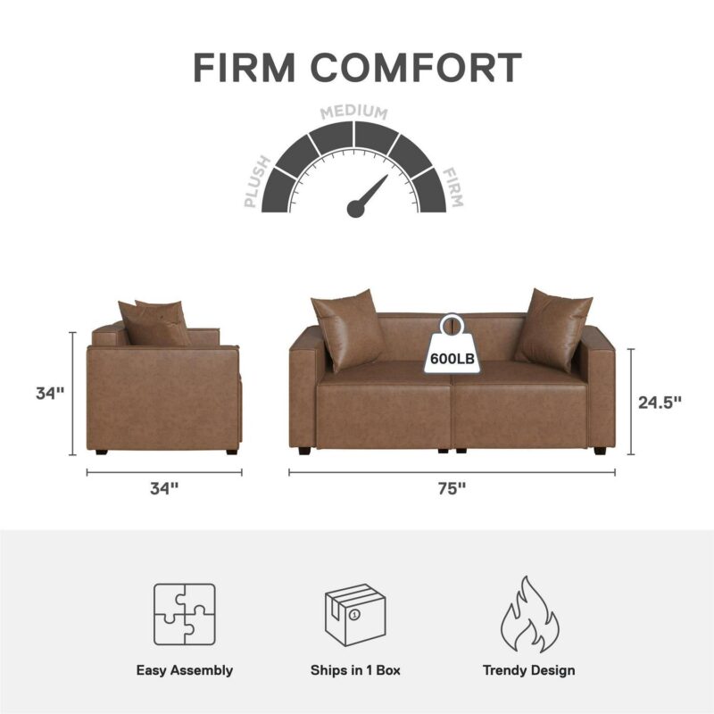 Mainstays Wynnewood 75  Low Profile Sofa with 2 Throw Cushions, Cocoa Faux Leather - Image 2