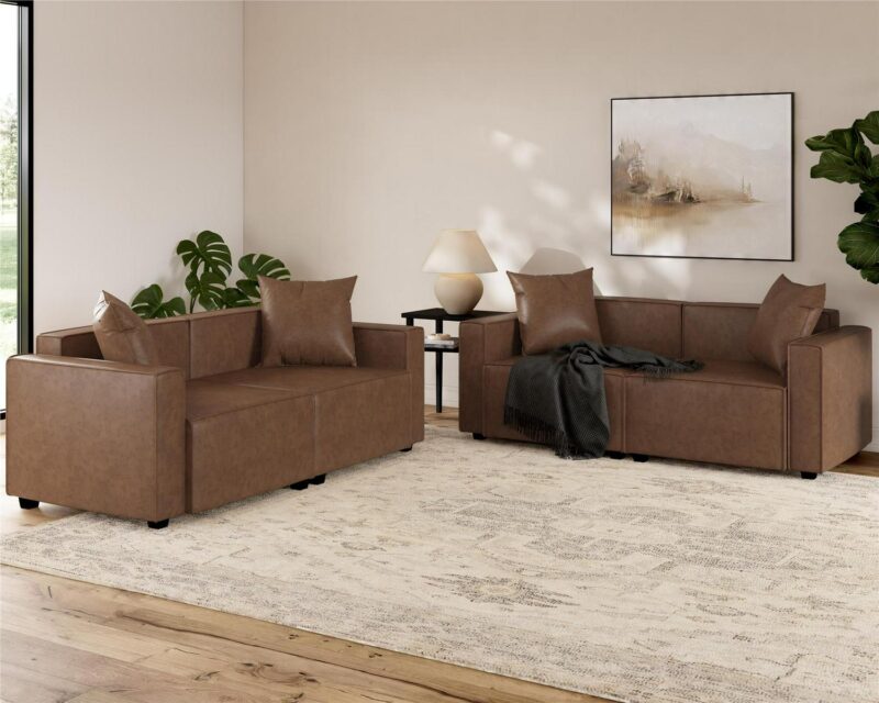 Mainstays Wynnewood 75  Low Profile Sofa with 2 Throw Cushions, Cocoa Faux Leather - Image 9