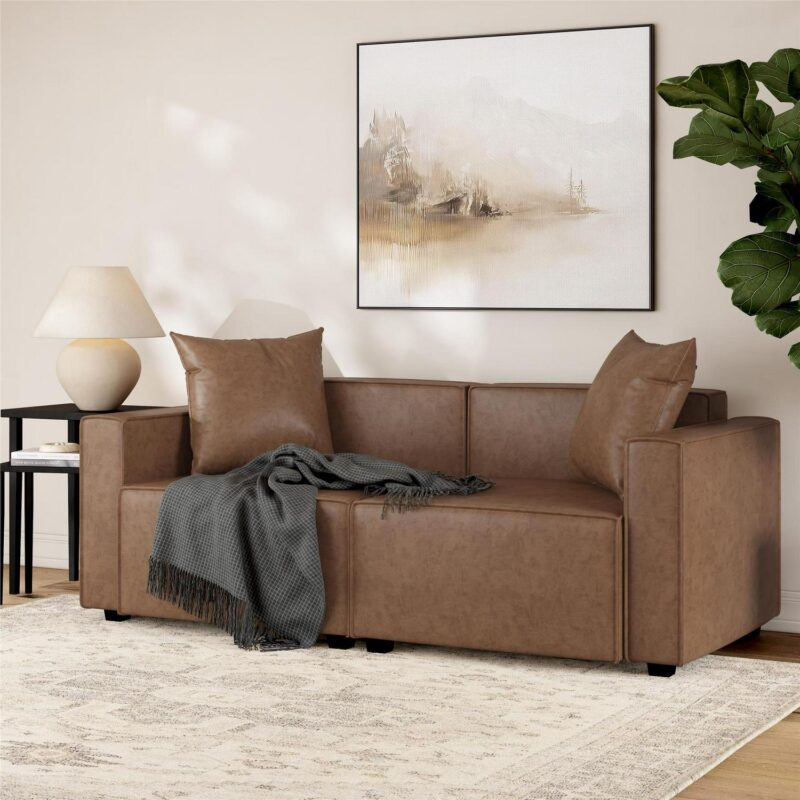 Mainstays Wynnewood 75  Low Profile Sofa with 2 Throw Cushions, Cocoa Faux Leather - Image 6