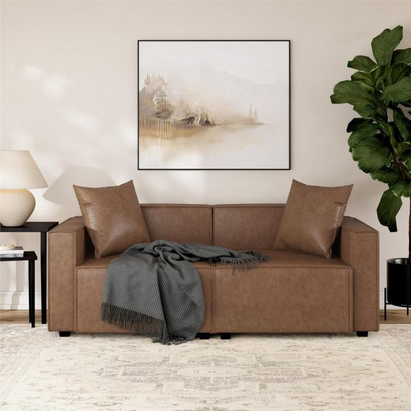 Mainstays Wynnewood 75  Low Profile Sofa with 2 Throw Cushions, Cocoa Faux Leather