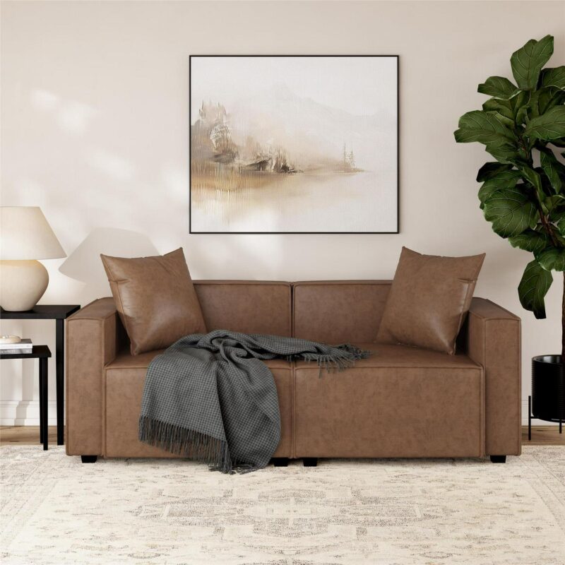 Mainstays Wynnewood 75  Low Profile Sofa with 2 Throw Cushions, Cocoa Faux Leather