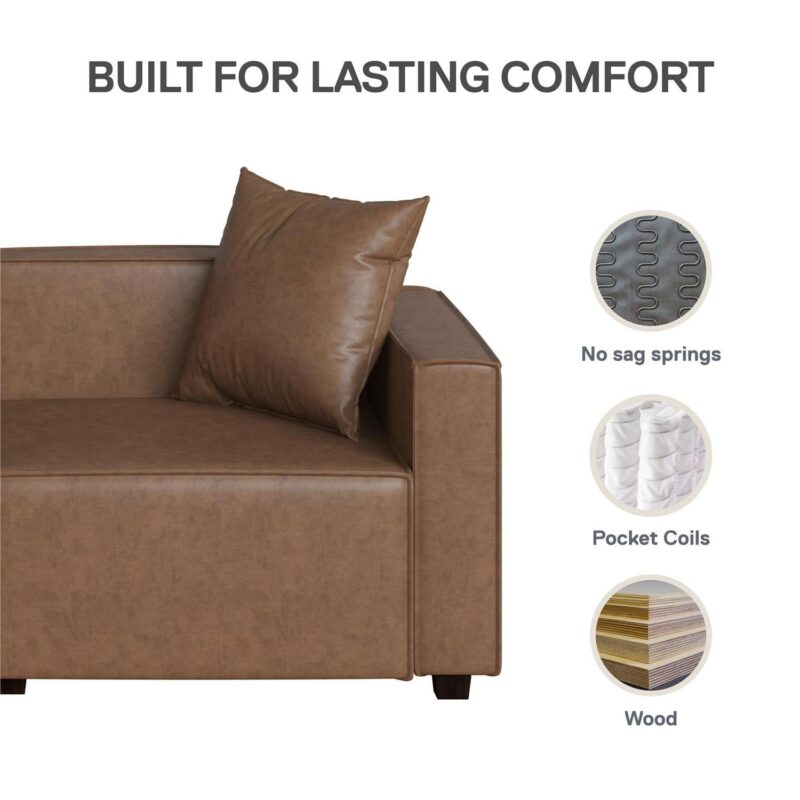Mainstays Wynnewood 75  Low Profile Sofa with 2 Throw Cushions, Cocoa Faux Leather - Image 5