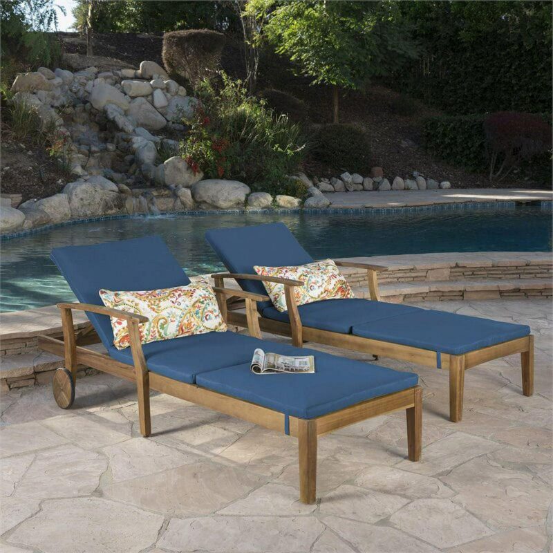 Mavis Outdoor Chaise Lounge With Cushion, Set of 2, Teak Finish, Blue - Image 11