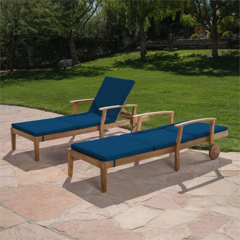 Mavis Outdoor Chaise Lounge With Cushion, Set of 2, Teak Finish, Blue - Image 12