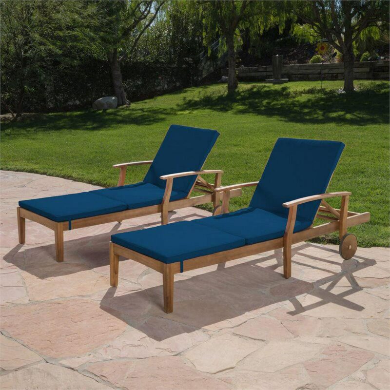 Mavis Outdoor Chaise Lounge With Cushion, Set of 2, Teak Finish, Blue - Image 18