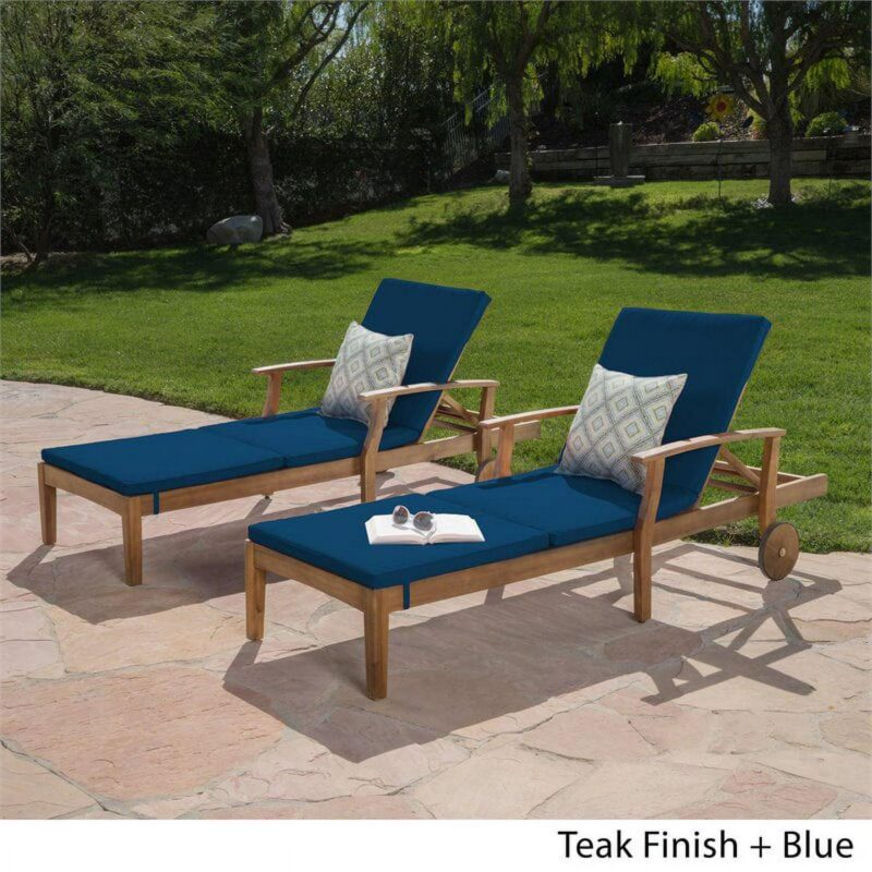 Mavis Outdoor Chaise Lounge With Cushion, Set of 2, Teak Finish, Blue - Image 22