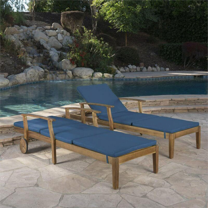 Mavis Outdoor Chaise Lounge With Cushion, Set of 2, Teak Finish, Blue - Image 14