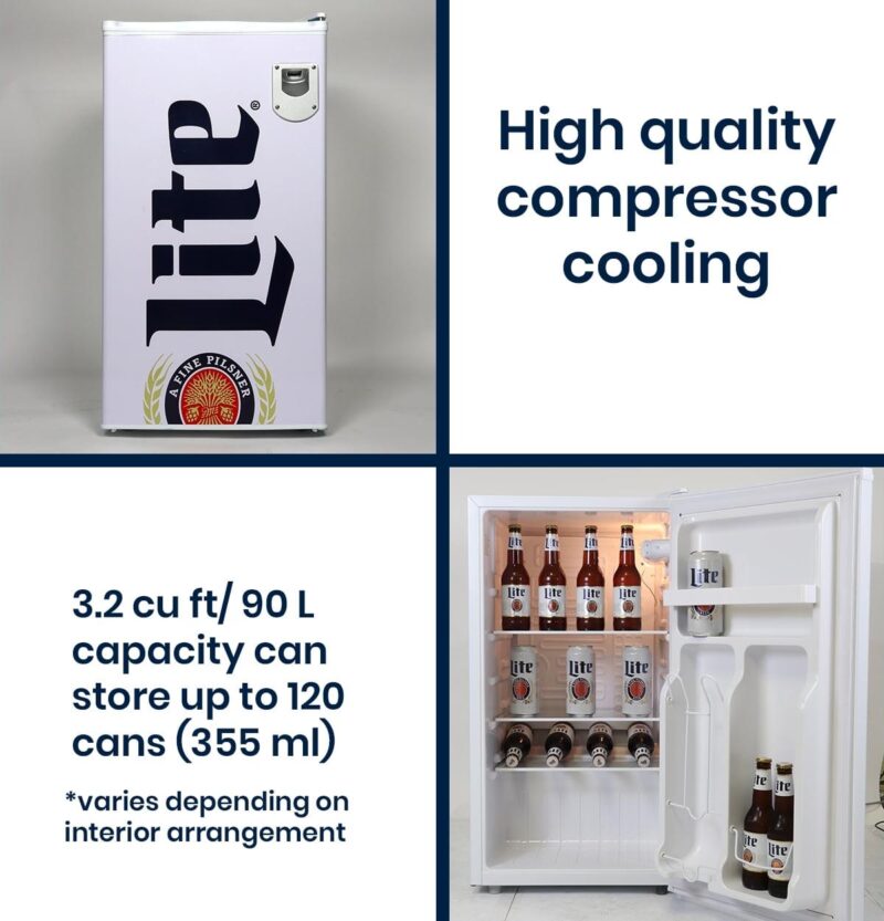 Miller Lite Compact Fridge w/ Bottle Opener, 3.2 cu ft (90L), White - Image 3