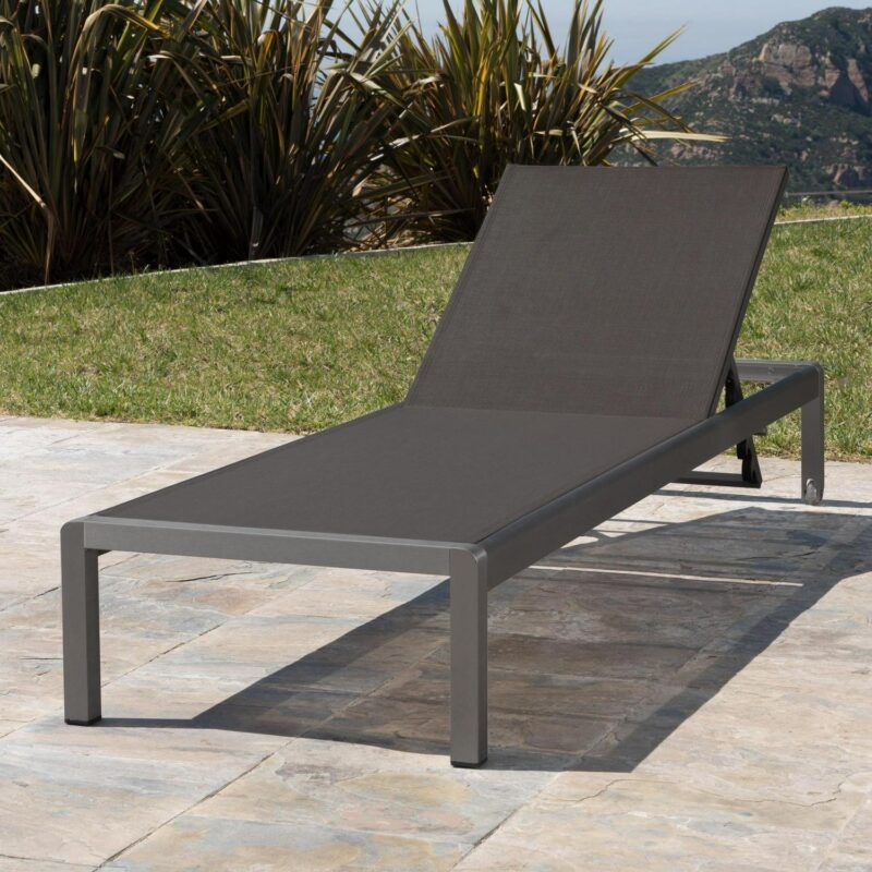 Miller Outdoor Aluminum Chaise Lounge with Dark Grey Mesh Seat, Grey - Image 4