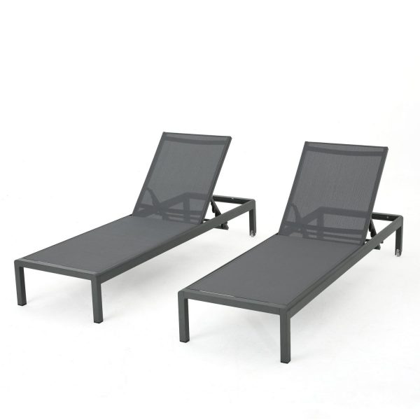 Miller Outdoor Aluminum Chaise Lounge with Dark Grey Mesh Seat, Set of 2, Grey