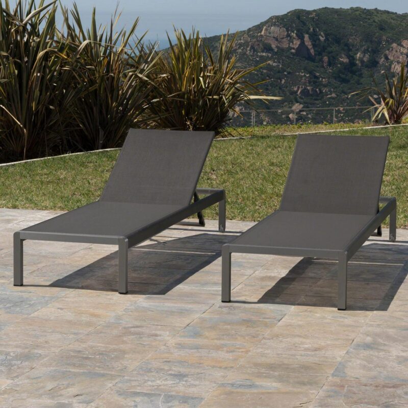 Miller Outdoor Aluminum Chaise Lounge with Dark Grey Mesh Seat, Set of 2, Grey - Image 2