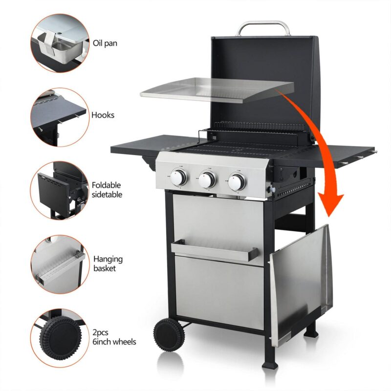 Miniyam 3 Burners BBQ Propane Gas Grill with Side Burner for Outdoor Barbecue, 36900 BTU Output - Image 2