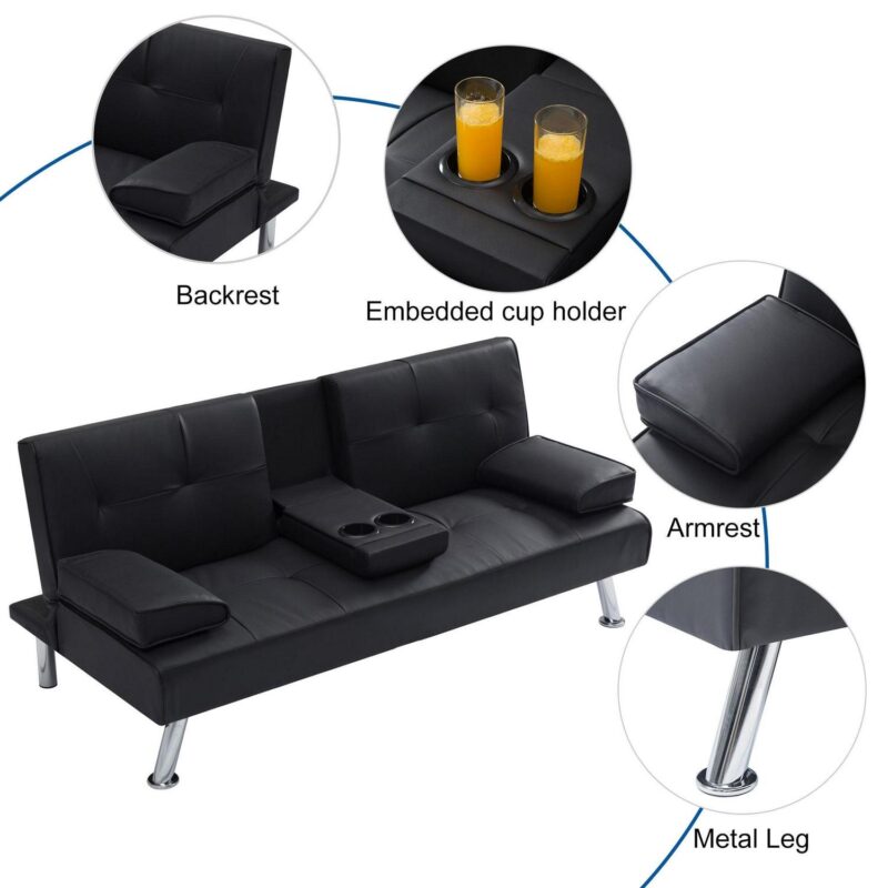 Modern PU Futon with Cupholders and Pillows, Black - Image 6