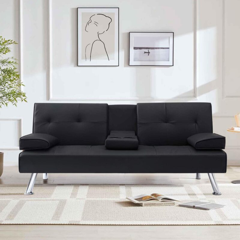 Modern PU Futon with Cupholders and Pillows, Black - Image 3