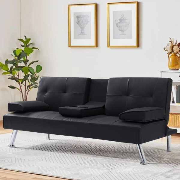 Modern PU Futon with Cupholders and Pillows, Black