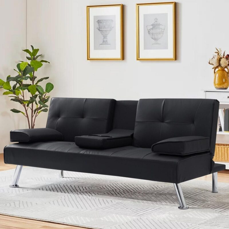 Modern PU Futon with Cupholders and Pillows, Black