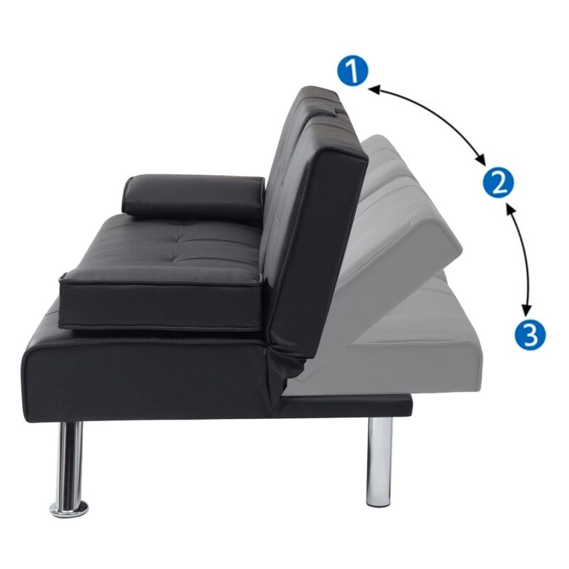 Modern PU Futon with Cupholders and Pillows, Black - Image 7