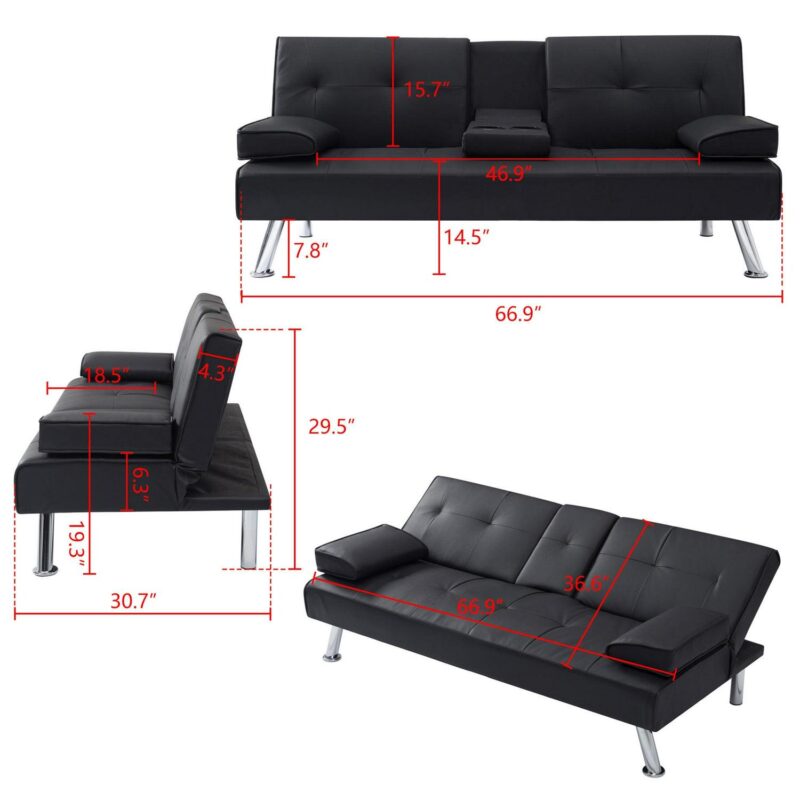 Modern PU Futon with Cupholders and Pillows, Black - Image 5