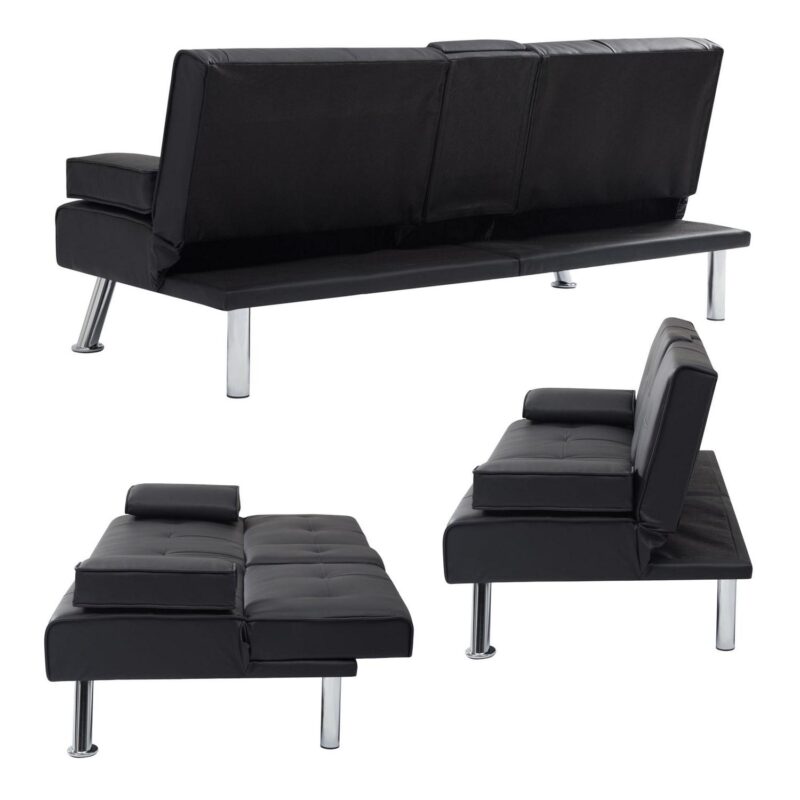 Modern PU Futon with Cupholders and Pillows, Black - Image 4