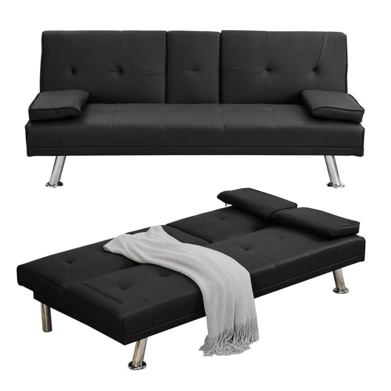 Modern PU Futon with Cupholders and Pillows, Black - Image 8