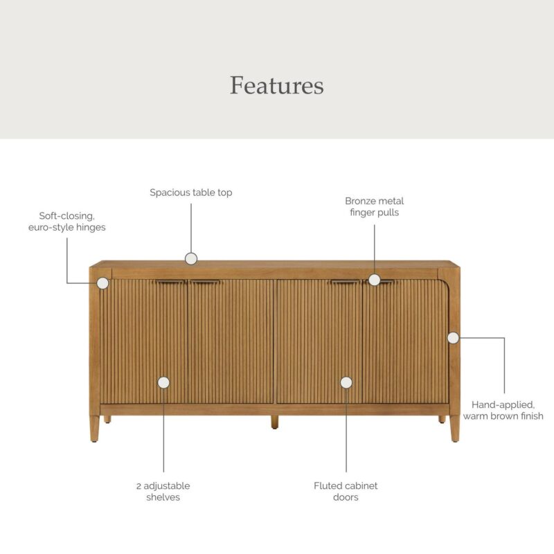 My Texas House Linden Fluted Buffet Cabinet Sideboard with Adjustable Shelves, Warm Brown - Image 2