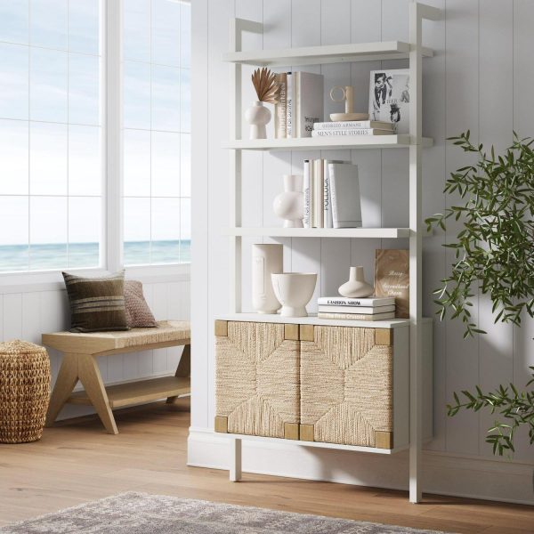 Nathan James Beacon 3-Shelf Bookcase with Seagrass Cabinet, Solid Wood Boho Bookshelf with Storage with Solid Wood Frame, Seagrass/Warm White
