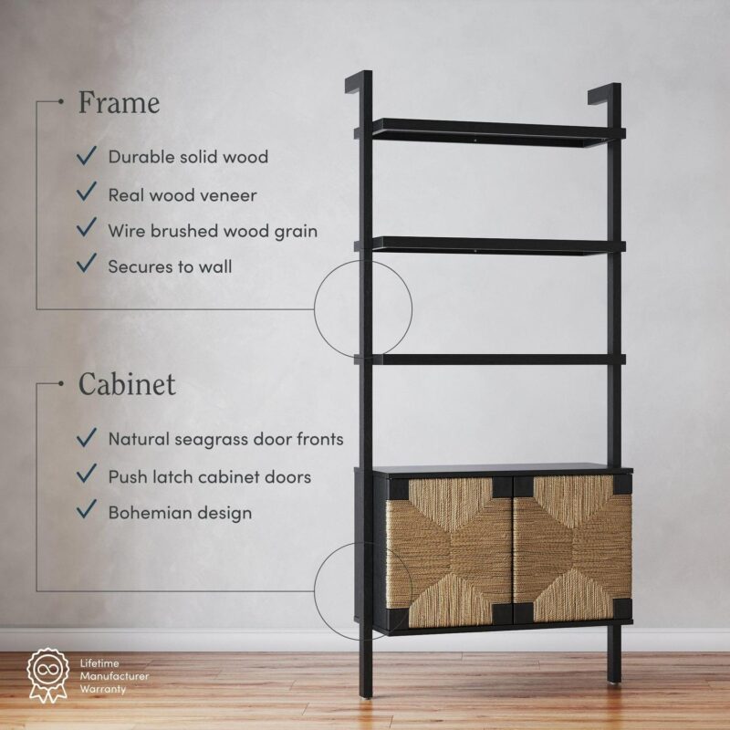 Nathan James Beacon 3-Shelf Bookcase with Seagrass Cabinet, Solid Wood Boho Bookshelf with Storage with Solid Wood Frame, Seagrass/Black - Image 3