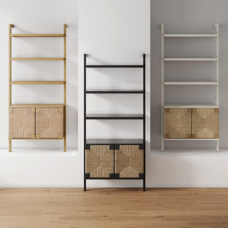 Nathan James Beacon 3-Shelf Bookcase with Seagrass Cabinet, Solid Wood Boho Bookshelf with Storage with Solid Wood Frame, Seagrass/Warm White - Image 6