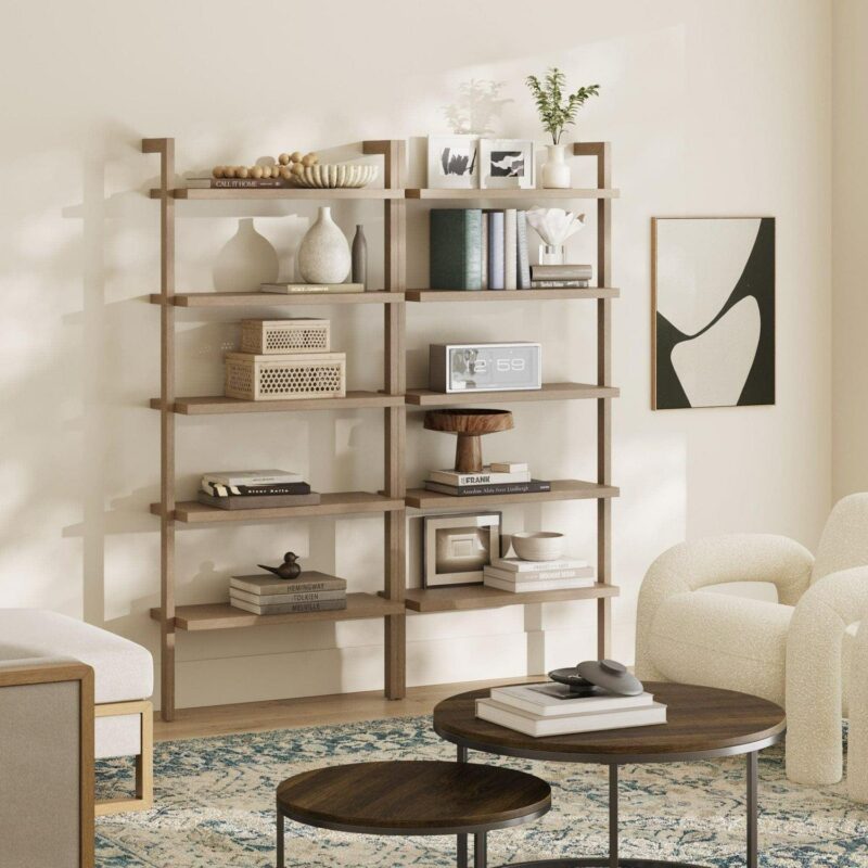 Nathan James Beacon 5 Tier Bookshelf, Wall Mounted Bookcase, Solid Wood Bookshelf in Wire Brushed Finish, Boho Rustic Bookcase - Image 2