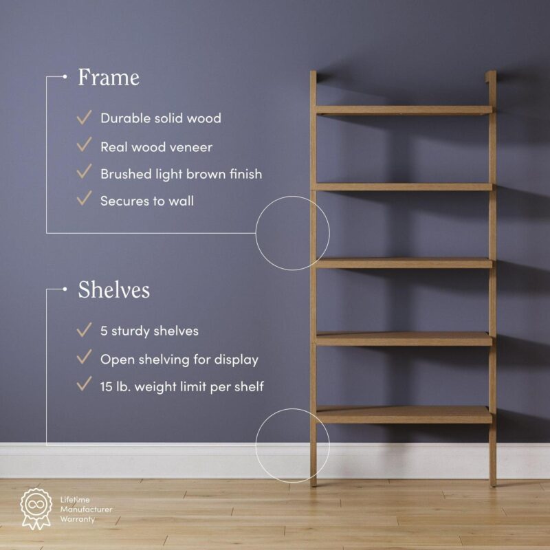 Nathan James Beacon 5 Tier Bookshelf, Wall Mounted Bookcase, Solid Wood Bookshelf in Wire Brushed Finish, Boho Rustic Bookcase - Image 3