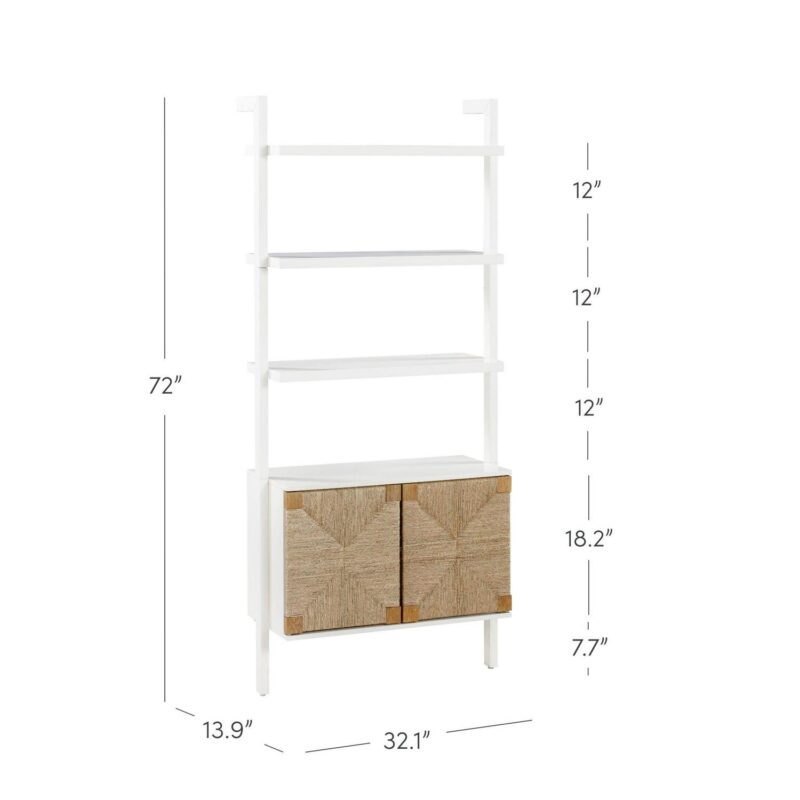 Nathan James Beacon 3-Shelf Bookcase with Seagrass Cabinet, Solid Wood Boho Bookshelf with Storage with Solid Wood Frame, Seagrass/Warm White - Image 4