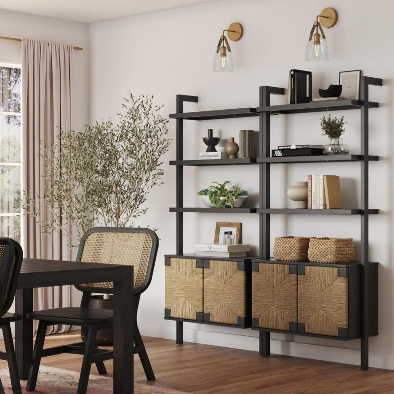 Nathan James Beacon 3-Shelf Bookcase with Seagrass Cabinet, Solid Wood Boho Bookshelf with Storage with Solid Wood Frame, Seagrass/Black - Image 2