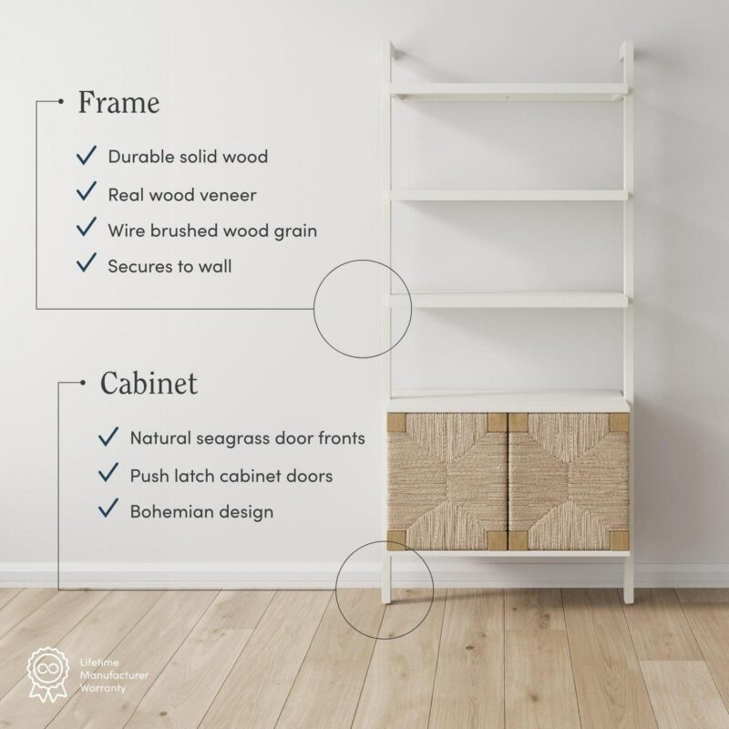 Nathan James Beacon 3-Shelf Bookcase with Seagrass Cabinet, Solid Wood Boho Bookshelf with Storage with Solid Wood Frame, Seagrass/Warm White - Image 3