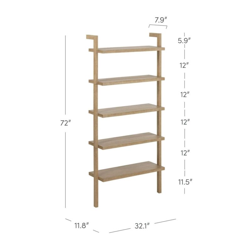 Nathan James Beacon 5 Tier Bookshelf, Wall Mounted Bookcase, Solid Wood Bookshelf in Wire Brushed Finish, Boho Rustic Bookcase - Image 4