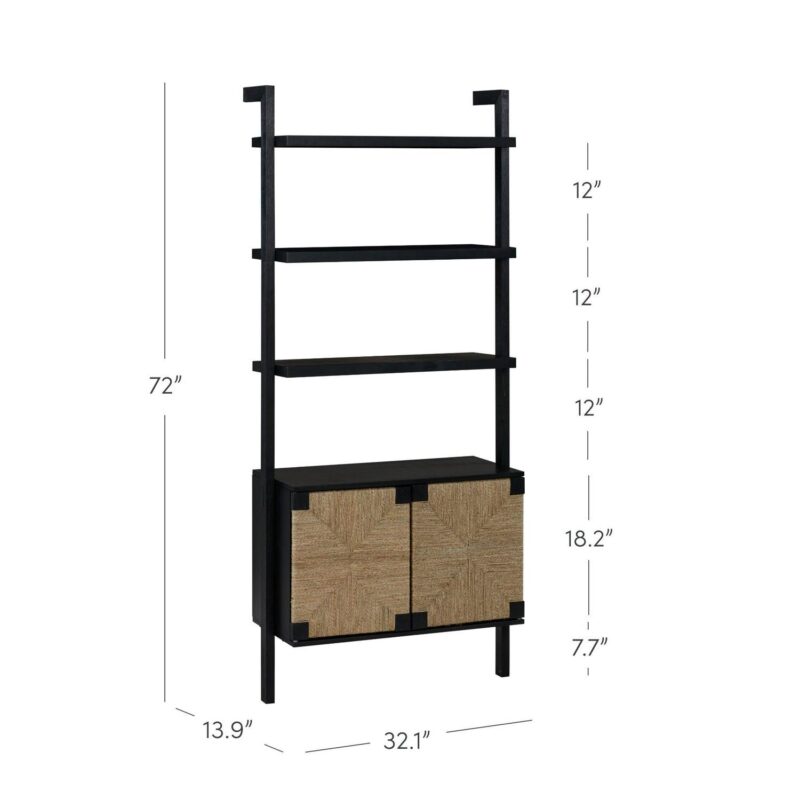 Nathan James Beacon 3-Shelf Bookcase with Seagrass Cabinet, Solid Wood Boho Bookshelf with Storage with Solid Wood Frame, Seagrass/Black - Image 4
