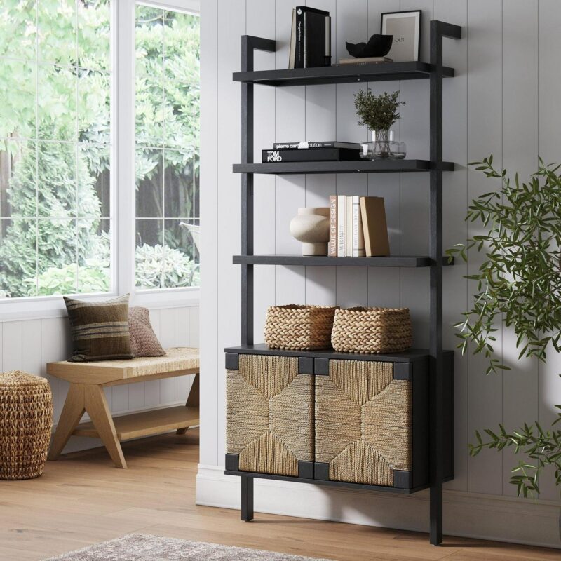 Nathan James Beacon 3-Shelf Bookcase with Seagrass Cabinet, Solid Wood Boho Bookshelf with Storage with Solid Wood Frame, Seagrass/Black
