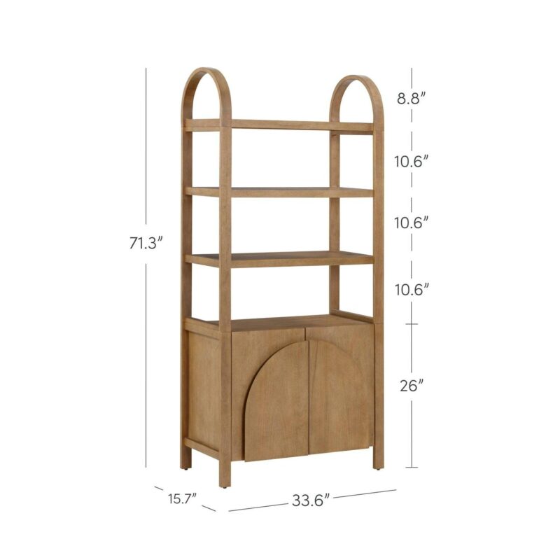 Nathan James Iris 3 Tier Bookshelf, Arched Bookcase Cabinet, Solid Wood Bookcase with Cabinet Base, Boho Bookshelf in Unbrushed Light Brown Finish - Image 4