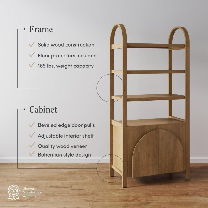 Nathan James Iris 3 Tier Bookshelf, Arched Bookcase Cabinet, Solid Wood Bookcase with Cabinet Base, Boho Bookshelf in Unbrushed Light Brown Finish - Image 3
