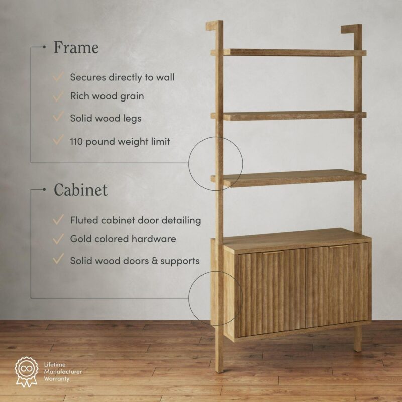 Nathan James Jasper 3-Shelf Solid Wood Boho Bookshelf, Wall Mounted Bookshelf with Cabinet with Fluted Doors, Light Brown - Image 3