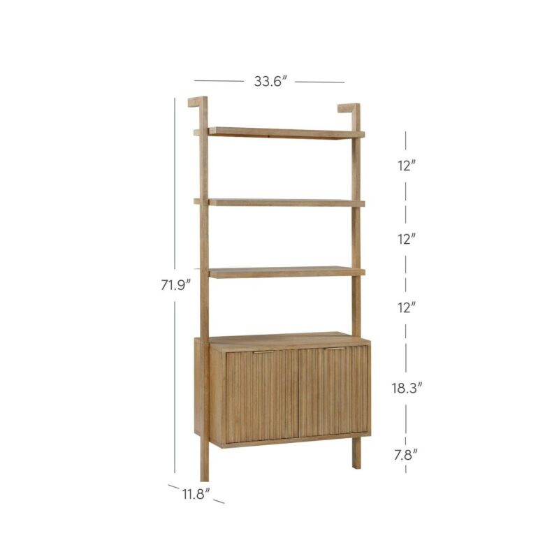 Nathan James Jasper 3-Shelf Solid Wood Boho Bookshelf, Wall Mounted Bookshelf with Cabinet with Fluted Doors, Light Brown - Image 4